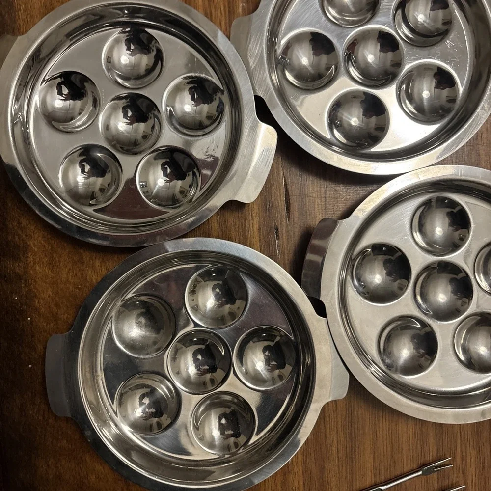 Lot Of 4 Escargot Plate Metal‎ Dishes Snail Oysters W/6 Utensils